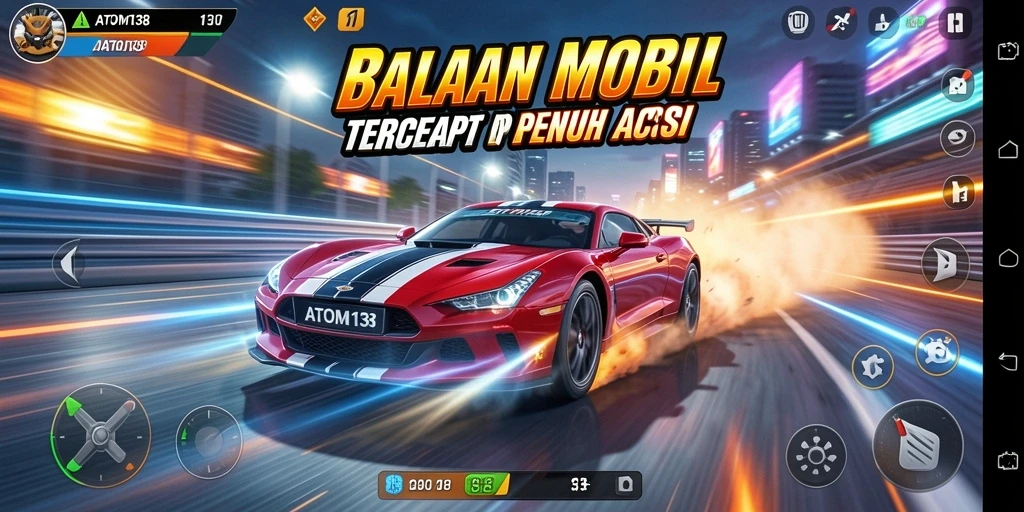 Screenshot gameplay ATOM138 dengan mobil balap di lintasan menantang.