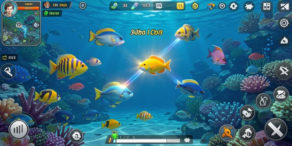 Screenshot gameplay menunjukkan aksi menembak ikan yang seru.